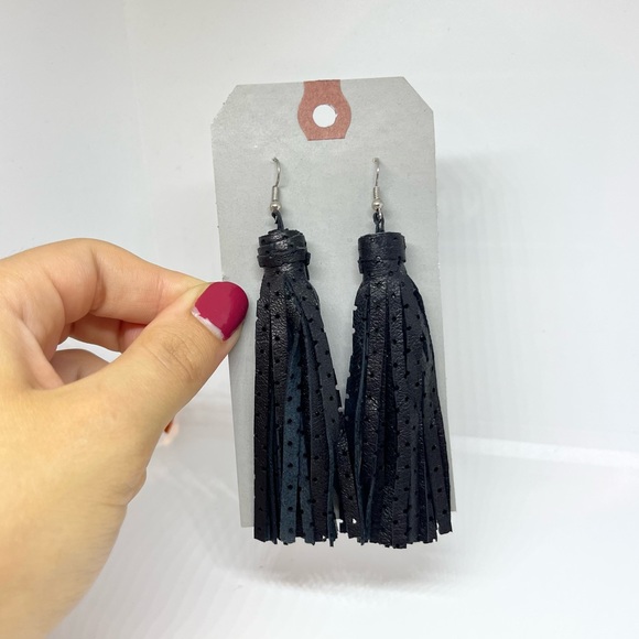 Jewelry - Handmade black leather tassle earrings
